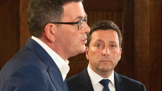 Victorian Premier Daniel Andrews and Opposition Leader Matthew Guy at the leaders’ forum. Picture: Tony Gough