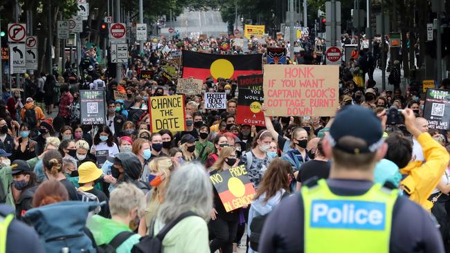 Invasion Day Rally through the streets of Melbourne on Australia Day. Picture: Alex Coppel.