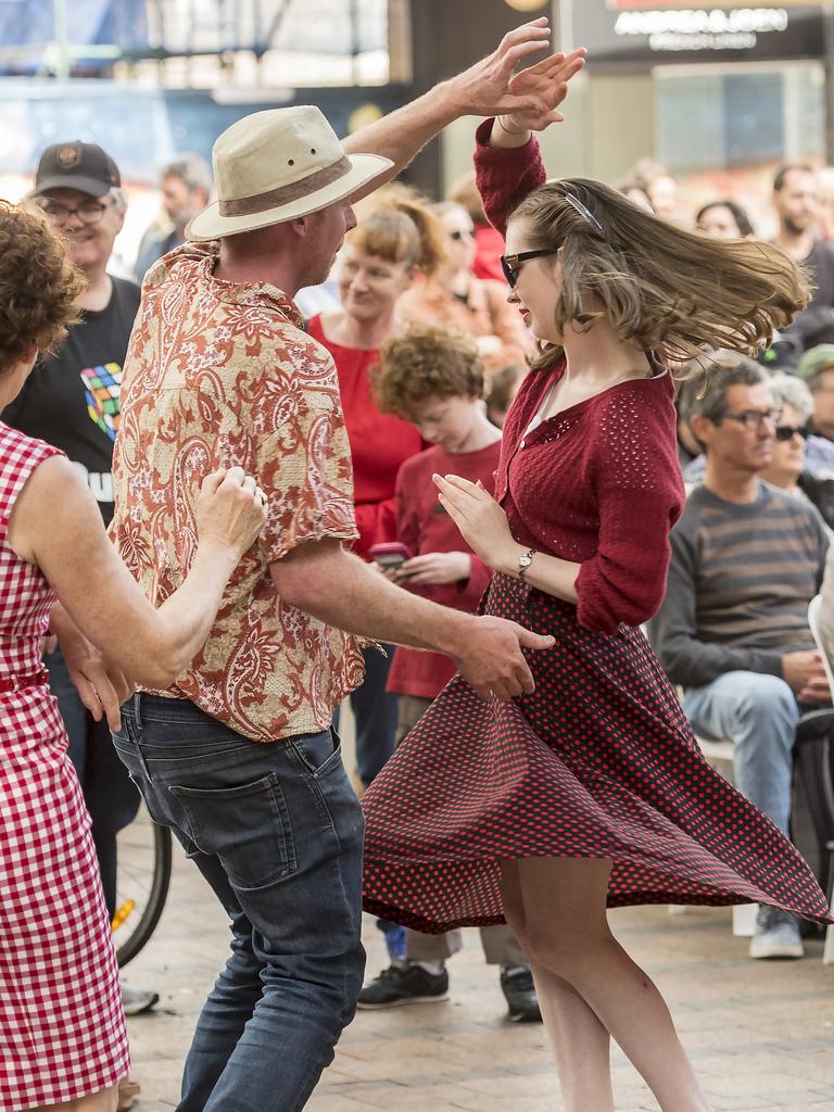 Swingtime Dance Studio members dance to Blue Rhythm Band music during the Manly Jazz Festival at Manly on Saturday. Picture: Troy Snook