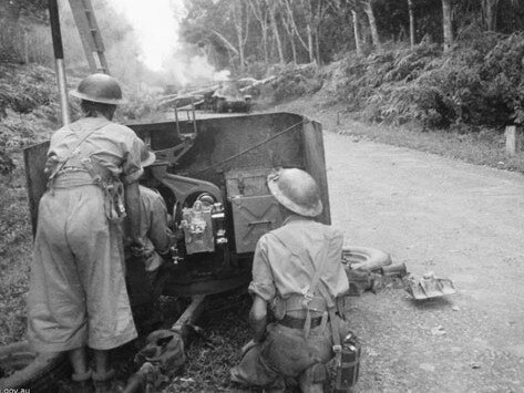 Australian Soldiers, including Charles D'Arcy Roberts, fought in the Battle of Muar in Malaya. Picture: Australian War Memorial.