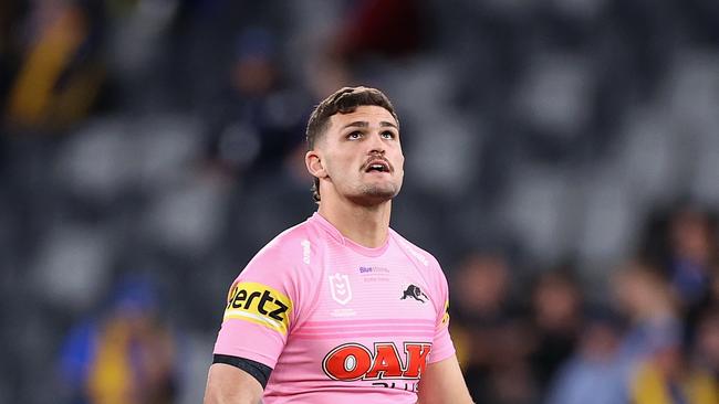 Nathan Cleary will miss the remainder of the regular season, after taking the early guilty plea of a five week suspension for a grade three dangerous throw. Picture: Getty Images.