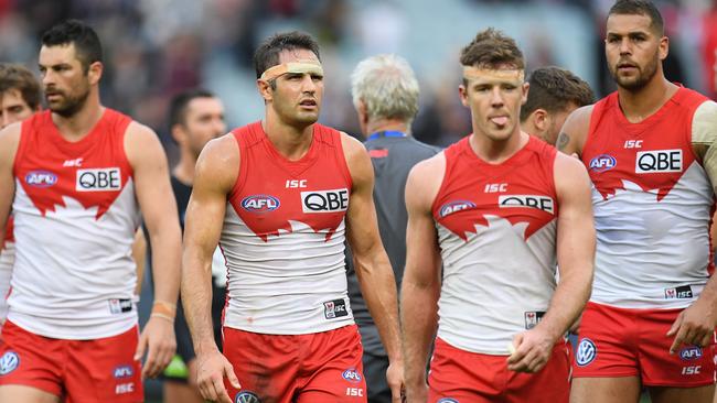 Sydney players leave the MCG after losing to Carlton.