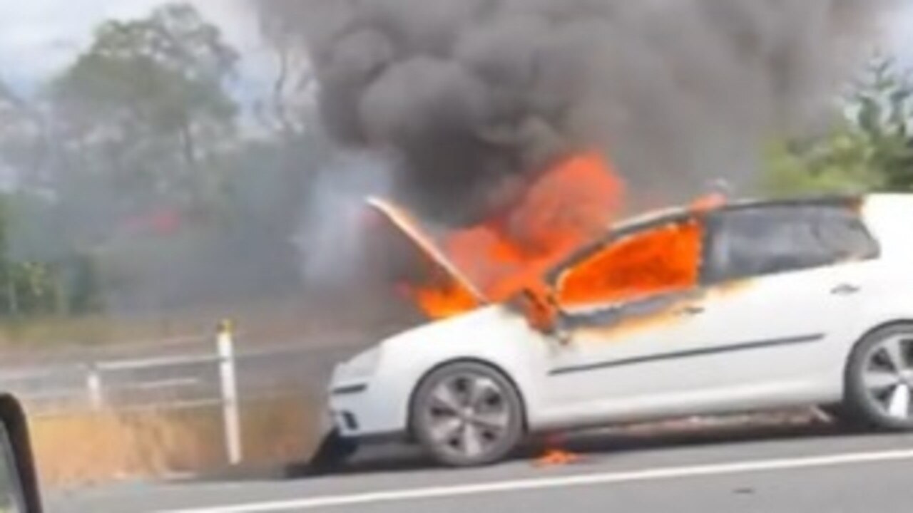 One lane is blocked on the Bruce Highway at Burpengary and southbound traffic is at a standstill following a car fire. Picture: Rashelle Leahy