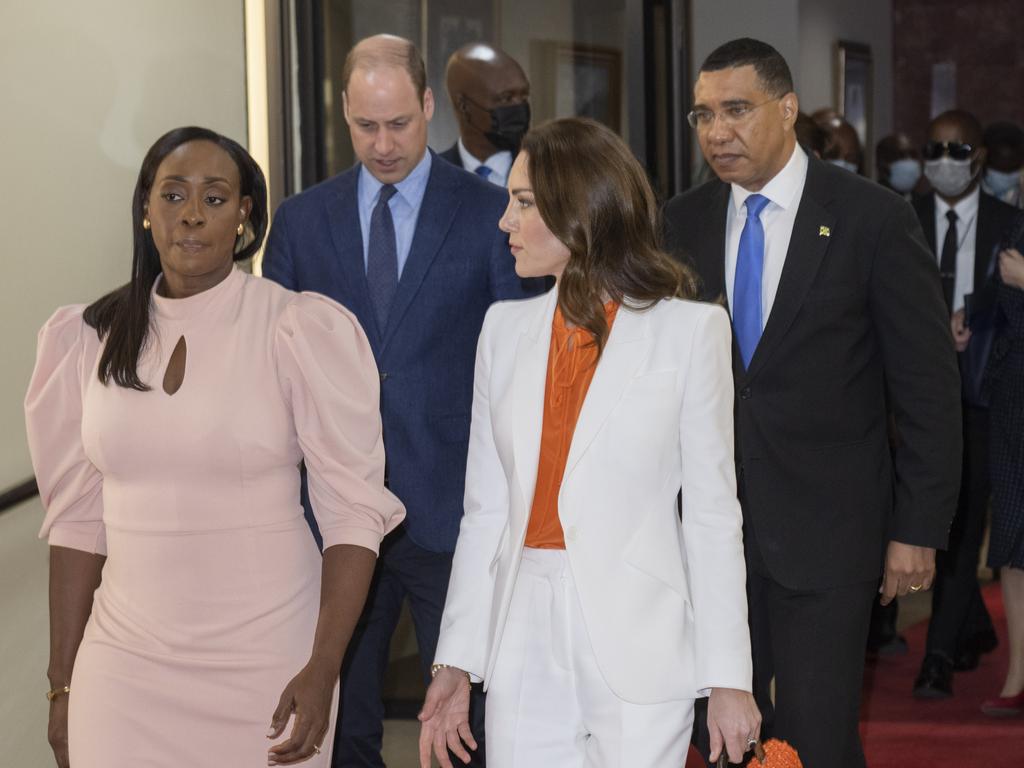 In a frosty March reception, William and Kate met with Prime Minister of Jamaica, Andrew Holness and his wife Juliet in Kingston, Jamaica. Picture: Jane Barlow/Getty Images
