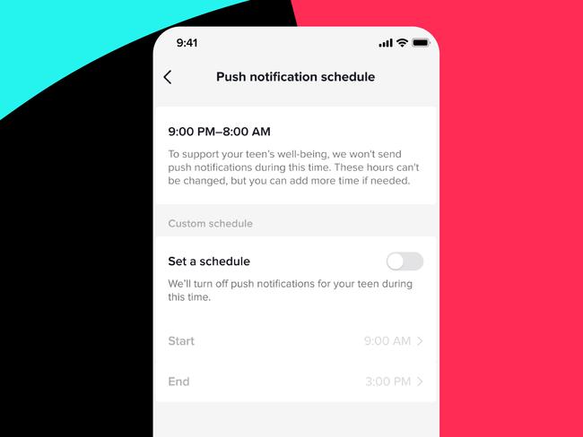 Through TikTok’s Family Pairing feature, parents can set schedules for when notifications are on or off. Picture: Supplied