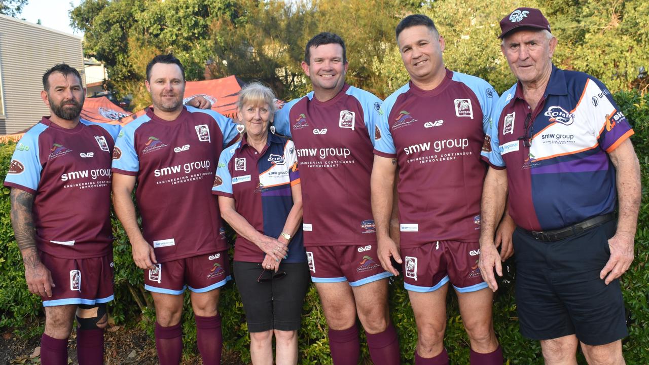 James Dwyer, Tom Simpson, Denise Mobbs, Dave Ahern, Leif Audet and Greg Reynolds at the Capras versus Comets Legends game at Rugby Park, Rockhampton, on October 26, 2024.