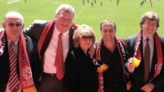 Adelaide United Soccer Club’s owners Richard Noble, Rob Gerard, patron Fay Gerard, Bruno Marveggio and Greg Griffin.