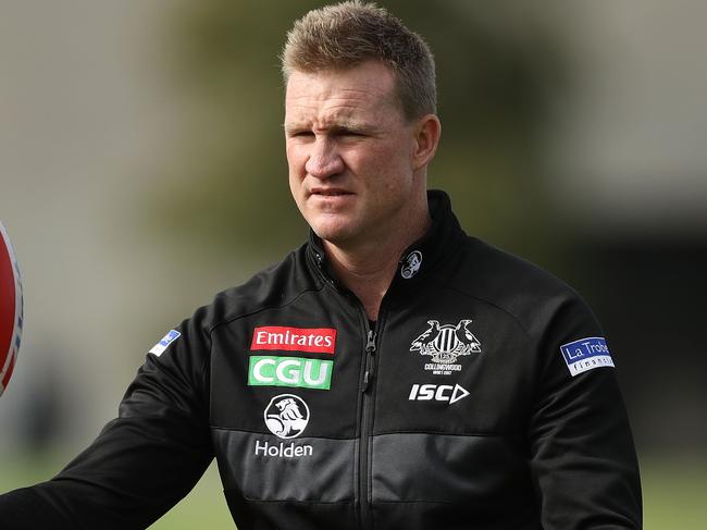 MELBOURNE, AUSTRALIA - MAY 03:  Magpies head coach Nathan Buckley looks on during a Collingwood Magpies AFL training session at Olympic Park on May 3, 2017 in Melbourne, Australia.  (Photo by Robert Cianflone/Getty Images)