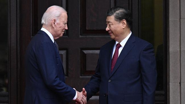 US President Joe Biden greets Chinese President Xi Jinping in Woodside, California, on Thursday (AEDT). Picture: AFP