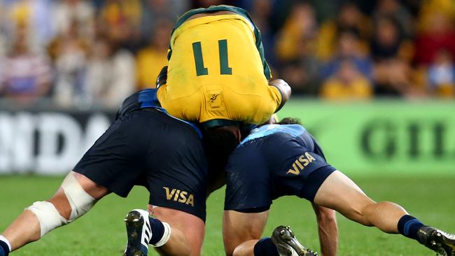 Wallabies winger Marika Koroibete is tackled. Picture: Getty Images