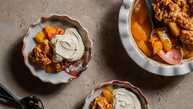 Peaches and cream to the max: Lennox Hastie’s peach cobbler. Picture: Nikki To