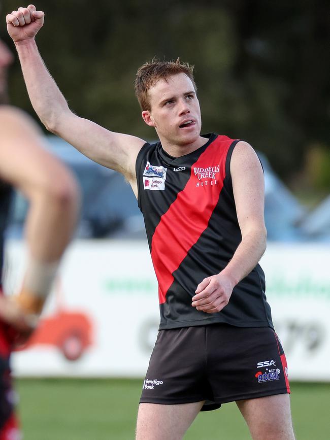 RDFL: Tommy Alkemade celebrates a goal for Riddell. Picture: George Sal