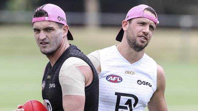 Tom Rockliff and Travis Boak, right, at the Power’s pre-season camp. Picture: SARAH REED