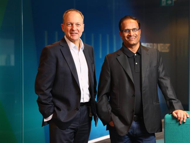 Infosys global COO Pravin Rao with Australian CEO Andrew Groth. Aaron Francis/The Australian