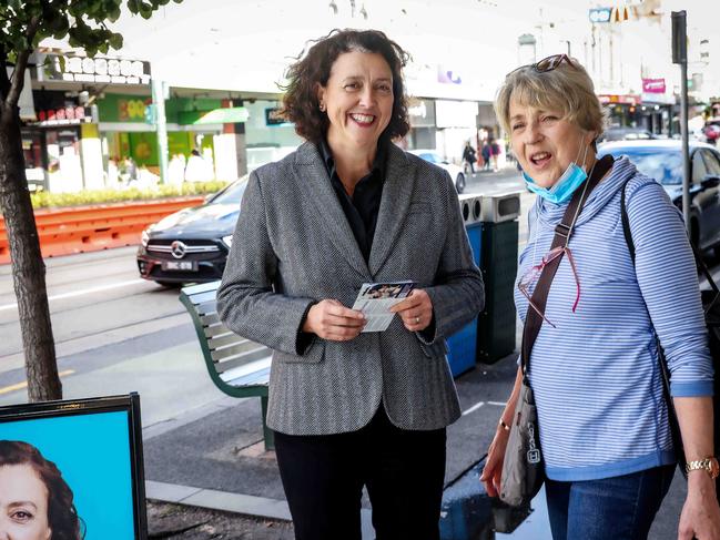 Dr Monique Ryan (left), pictured campaigning in Hawthorn, says she has accepted an invitation to take part in a local debate hosted by Sky News. Picture: NCA NewsWire / Ian Currie