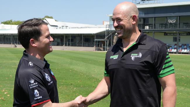 South Sydney Rabbitohs chief operations officer Brock Schaefer with Townsville Blackhawks coach Terry Campese. Picture: Nathan Ferguson / Townsville Blackhawks