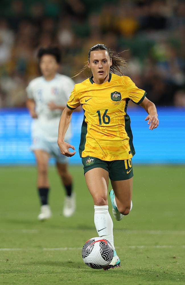 Hayley Raso of Australia controls the ball during the AFC Women's Asian Olympic Qualifier match between Australia and Chinese Taipei at HBF Park at HBF Park on November 01, 2023 in Perth, Australia. (Photo by Paul Kane/Getty Images)