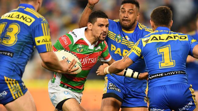 Cody Walker of the Rabbitohs looks for a break in the Eels defence.