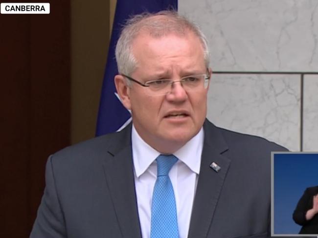 Prime Minister Scott Morrison at a press conference in Canberra today. Picture: Sky News