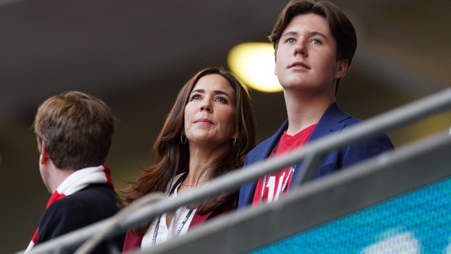 Crown Princess Mary of Denmark and Prince Christian are seen in the stands during the UEFA Euro 2020 semi final match at Wembley Stadium, London. Photo: Mike Egerton/PA Images via Getty Images