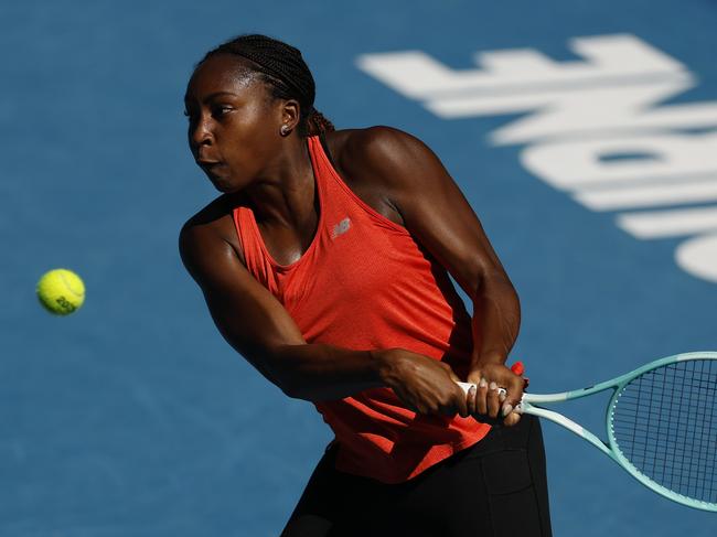 MELBOURNE, AUSTRALIA - JANUARY 11: Coco Gauff of the United States plays a backhand ahead of the 2025 Australian Open at Melbourne Park on January 11, 2025 in Melbourne, Australia. (Photo by Daniel Pockett/Getty Images)