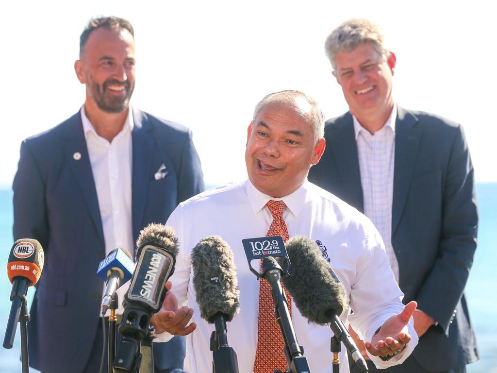 NBL CEO David Stevenson (left), Gold Coast Mayor Tom Tate and The Hon. Stirling Hinchliffe, Minister for Tourism promoting the NBL Blitz preseason tournament that will be held on the Gold Coast. Picture: Glenn Campbell