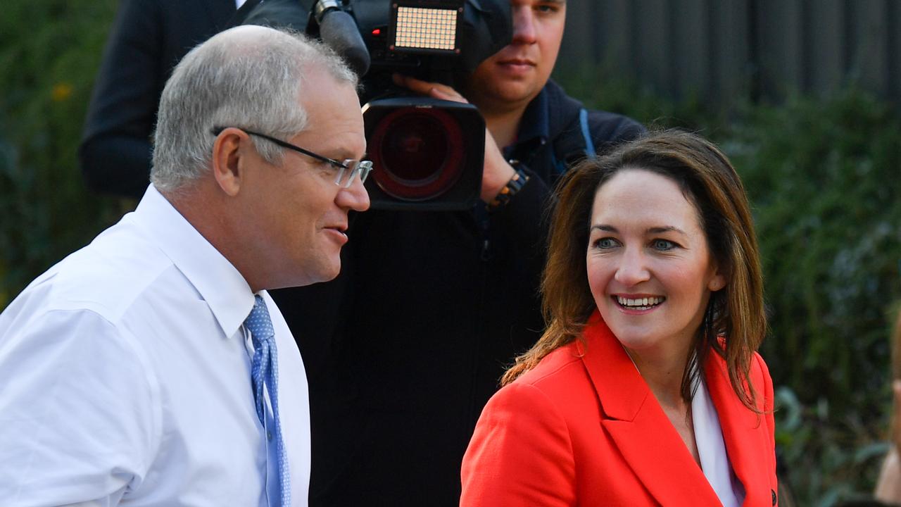 Prime Minister Scott Morrison and Liberal candidate for Mayo Georgina Downer campaign in Hawthorndene in late April. Picture: Mick Tsikas/AAP