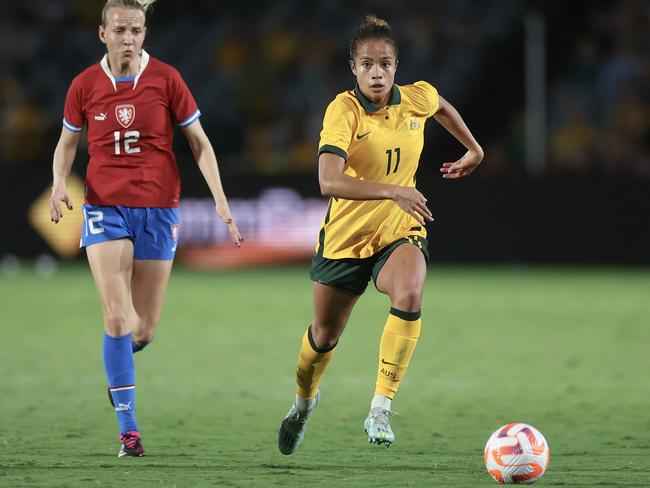 Mary Fowler dribbles the ball against Czechia. Picture: Cameron Spencer/Getty Images