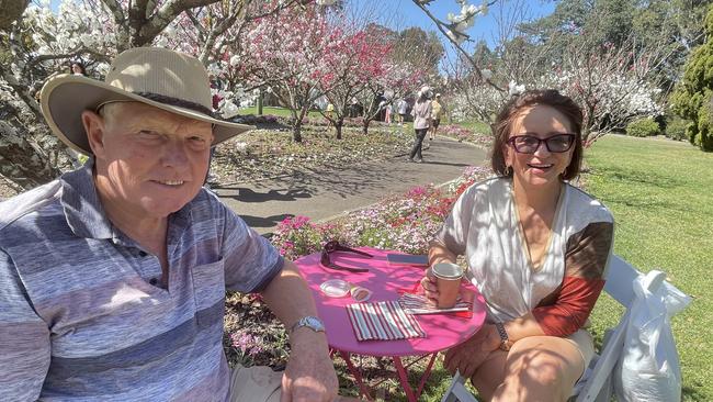 Kevin McKenzie and Veronica Plummer of Rhodes pause for coffee at the festival.