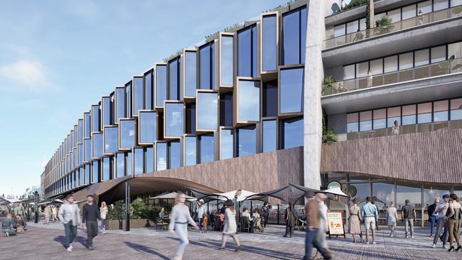 An impression of the foreshore hotel which is part of the Mac Point 2.0 stadium proposal. Picture: Stadia Precinct.