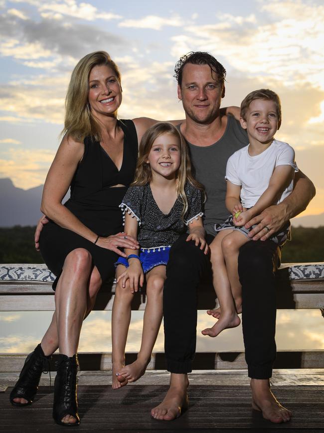 Natalie Bassingthwaighte with supportive ex-husband and co-parent Cameron McGlinchey, and their children Harperand Hendrix in 2017. Picture: Dylan Robinson.