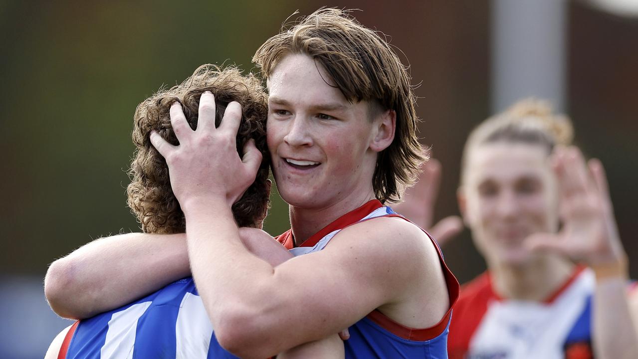 MELBOURNE, AUSTRALIA - SEPTEMBER 10: Bailey Humphrey of Gippsland celebrates a goal during the NAB League Boys Preliminary Final match between Gippsland and Sandringham at ETU Stadium on September 10, 2022 in Melbourne, Australia. (Photo by Jonathan DiMaggio/AFL Photos/via Getty Images)