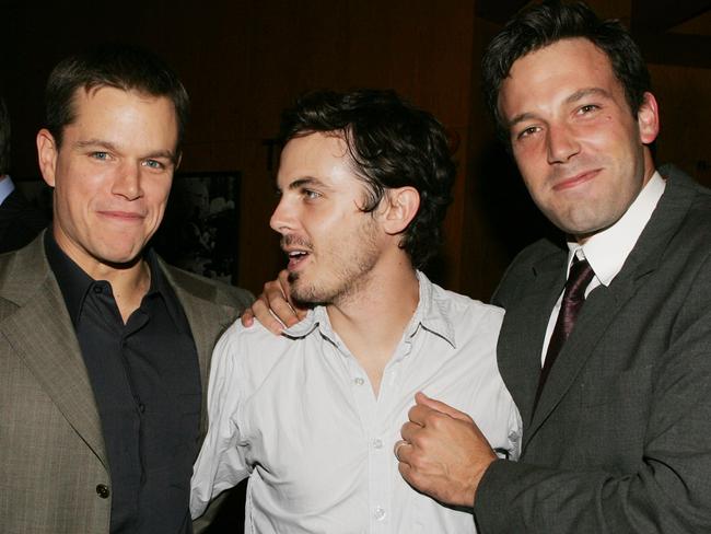 Matt Damon (L-R), Casey Affleck and Ben Affleck in 2005. Matt and Ben jetted off together after the wedding while Casey posted a message to JLo on social media about “family dysfunction.” Picture: Kevin Winter/Getty Images