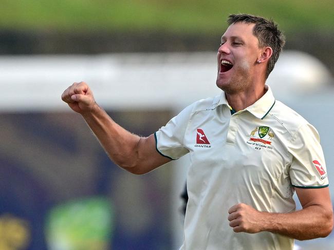 Australia's Beau Webster celebrates after taking the wicket of Sri Lanka's Ramesh Mendis during the third day of the second Test cricket match between Sri Lanka and Australia at the Galle International Cricket Stadium in Galle on February 8, 2025. (Photo by Ishara S. KODIKARA / AFP)