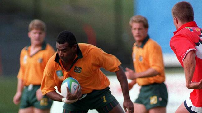 Wallaby Ilie Tabua (ball), during 1995 Rugby World Cup match, Australia v Canada, in Port Elizabeth, South Africa. Pic Col Whelan Action Photographics 31/05/95. Sport / Rugby Union / Action