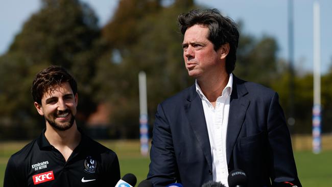 Gillon McLachlan speaks to the media. (Photo by Dylan Burns/AFL Photos via Getty Images)