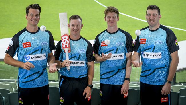 Adelaide Strikers' BBL recruits, James Bazley, D'Arcy Short, Brendan Doggett and Jamie Overton at Adelaide Oval. Picture: Roy VanDerVegt