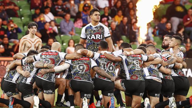 Indigenous players perform a traditional war cry during the NRL Indigenous All-Stars vs Maori All Stars match at AAMI Park, Melbourne, Friday, February 15, 2019. (AAP Image/Daniel Pockett) NO ARCHIVING, EDITORIAL USE ONLY