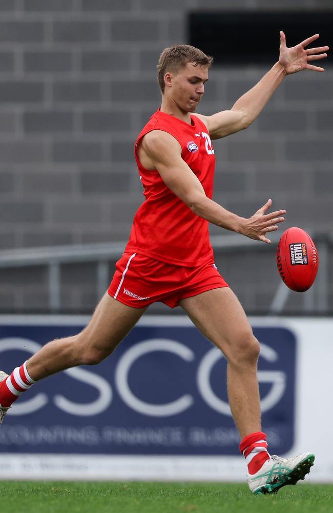 Caleb Lewis takes a kick in a Young Guns series match at Melbourne Avalon Airport Oval on April 26. Photo: Rob Lawson/AFL Photos