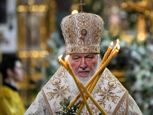 Russian Patriarch Kirill leads a Christmas mass at the Cathedral of Christ the Saviour in Moscow on Christmas Eve. His support of the Russian invasion of Ukraine has resulted in an acceleration of Ukraine’s cultural alignment with the West. Picture: AFP