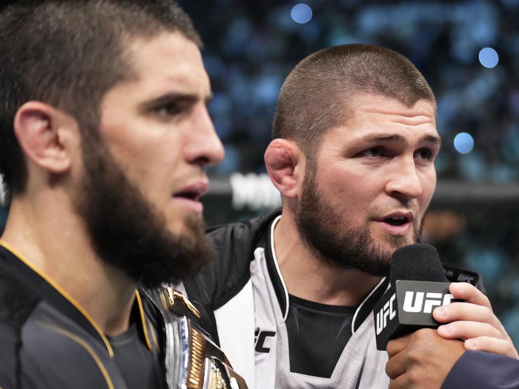 Islam Makhachev (L) and Khabib Nurmagomedov (R). Picture: Chris Unger/Zuffa LLC