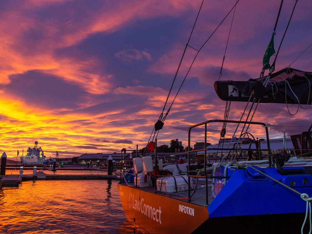 LawConnect is docked in Hobart at dawn after winning the 2024 line honours. Picture: Linda Higginson