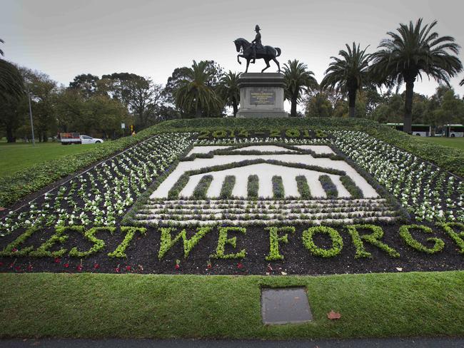 A garden bed near Melbourne's Shrine of Remembrance for the 100th anniversary of Gallipoli Dawn Service. Picture: Nathan Dyer