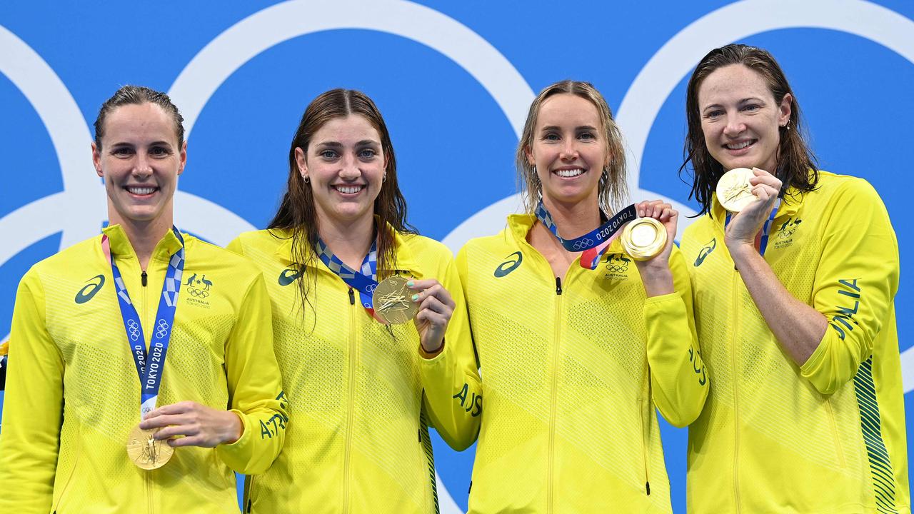 Gold medallists (from L) Australia's Bronte Campbell, Australia's Meg Harris, Australia's Emma McKeon and Australia's Cate Campbell