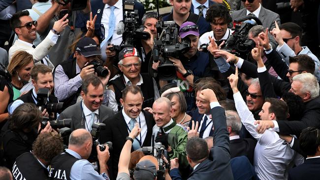 Glen Boss and Chris Waller celebrate last year’s Everest success with Yes, Yes, Yes