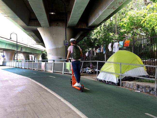 Homeless tent and rough living is occurring along the Bicentennial Bikeway from Victoria Bridge though to William Jolly Bridge. Brisbane Wednesday 13th March 2024 Picture David Clark