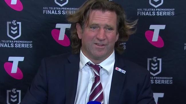 Des Hasler fronting the media in Mackay. Image: Fox Sports