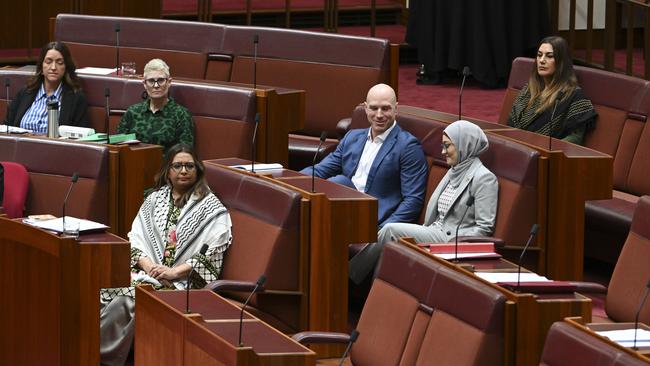 Senator Fatima Payman crosses the floor to support the Greens motion to have the Senate recognise Palestine as a state at Parliament House in Canberra. Picture: NewsWire / Martin Ollman