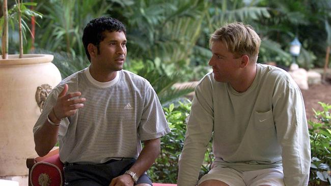 Cricketers Sachin Tendulkar &amp; Shane Warne chat after the passing of Sir Donald Bradman. Photo: Phil Hillyard.