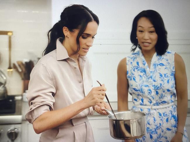 Meghan Markle treats skincare founder Vicky Tsai to some homemade cream for her coffee. Picture: Netflix